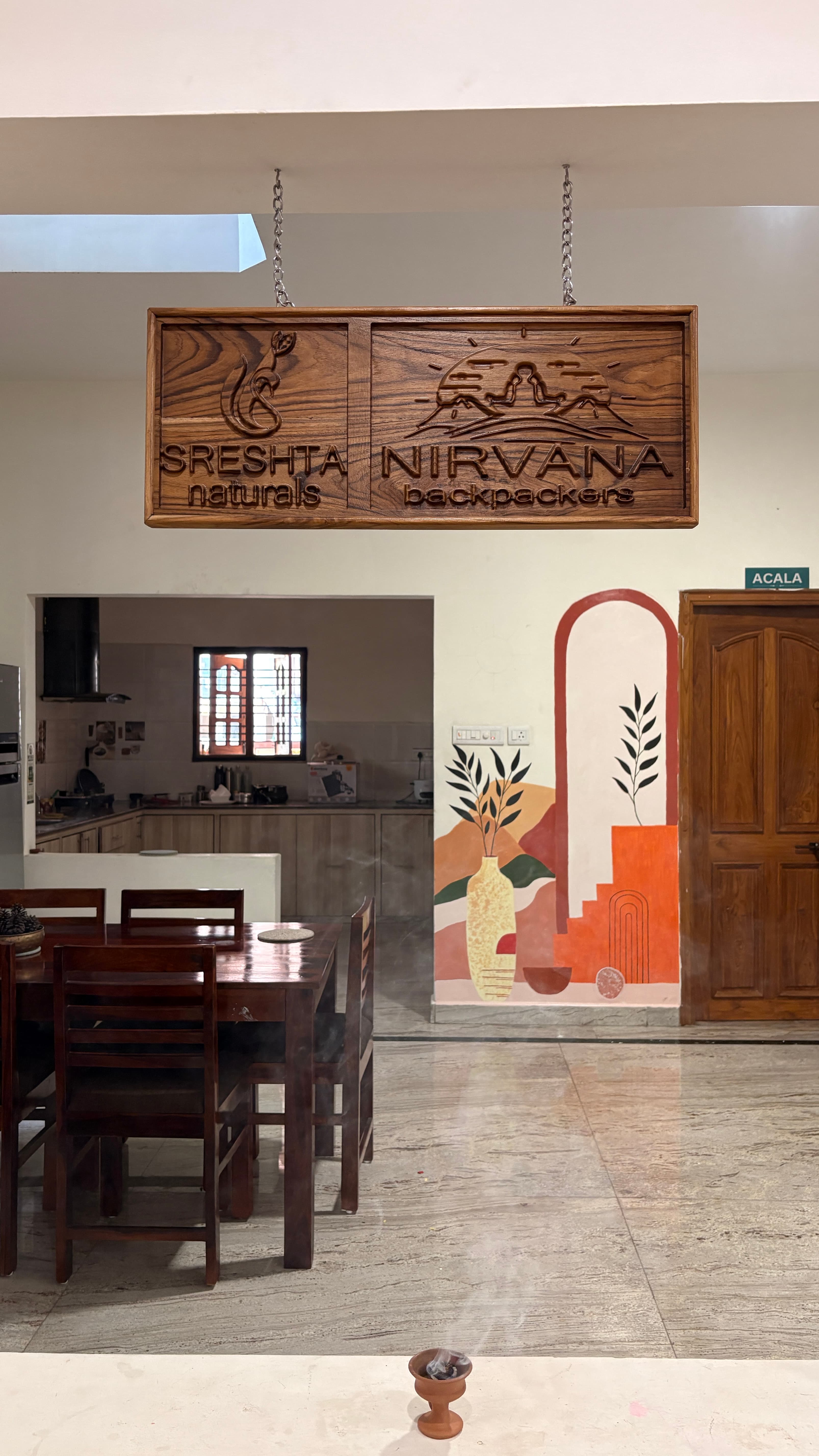 Dining area under the carved Nirvana sign