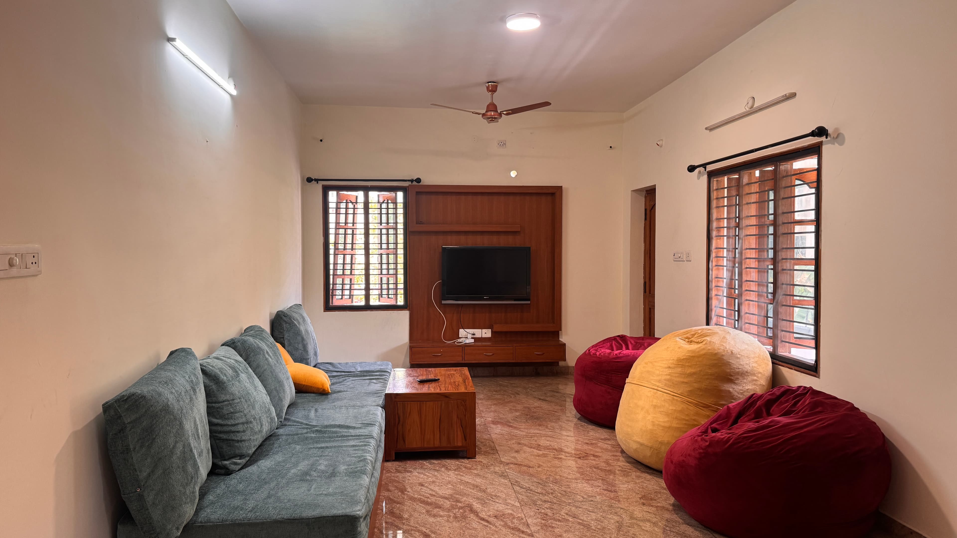 Living room with sofa, TV and bean bags