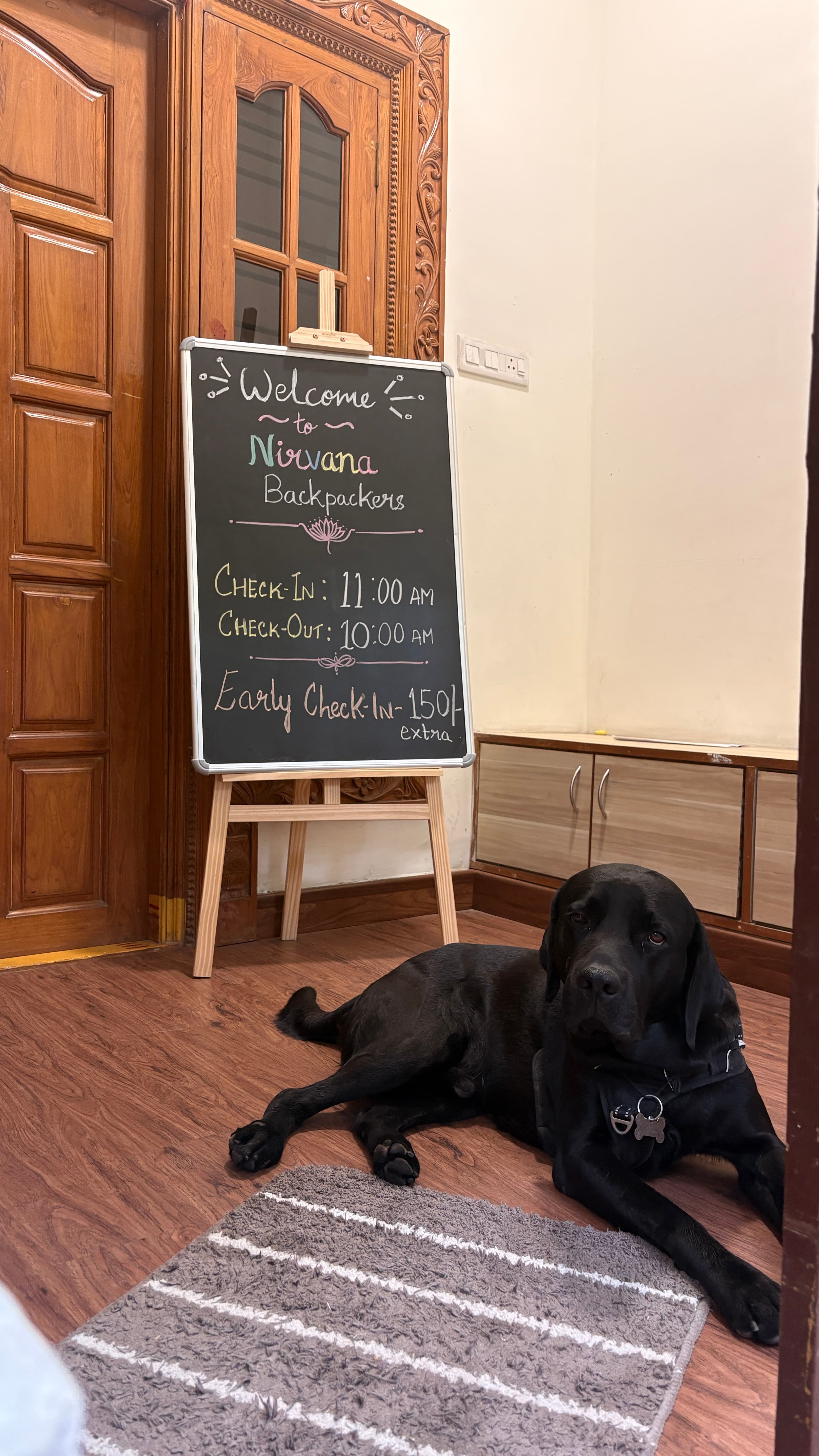 Welcome board at reception with our resident dog